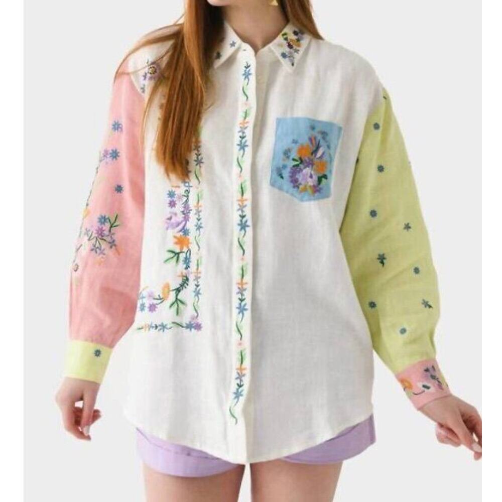 ALEMAIS Sz 10 US 14 AUS Willa Shirt Flax Linen Embroidered Oversized NWT